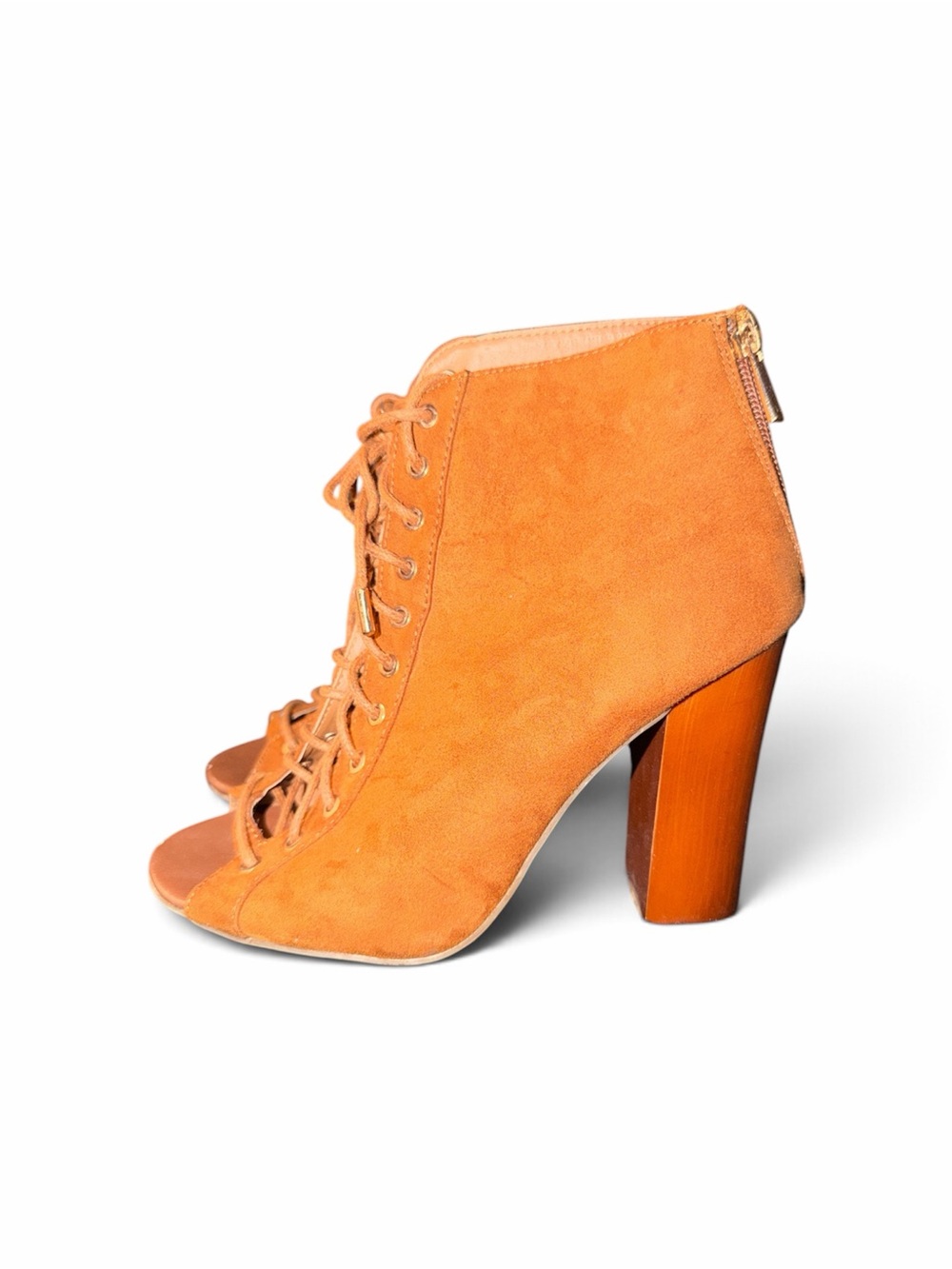 BAMBOO Orange Lace-Up Peep-Toe Block Heel Ankle Boots
